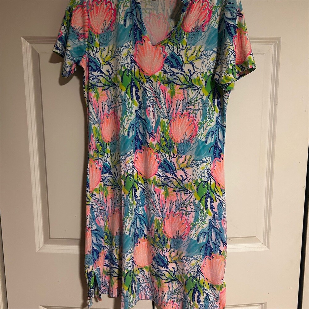 Lulu B Dress Womens XS Multicolor Tropical Sea Shell Coral Shift V-Neck